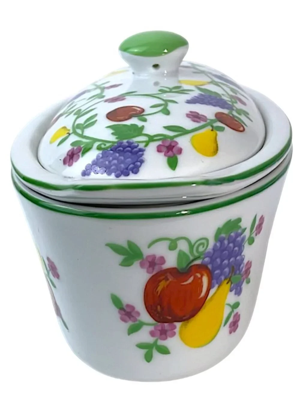 French Covered Butter Bell Dish White Multicolor Fruit 3 Piece Cook St Vintage